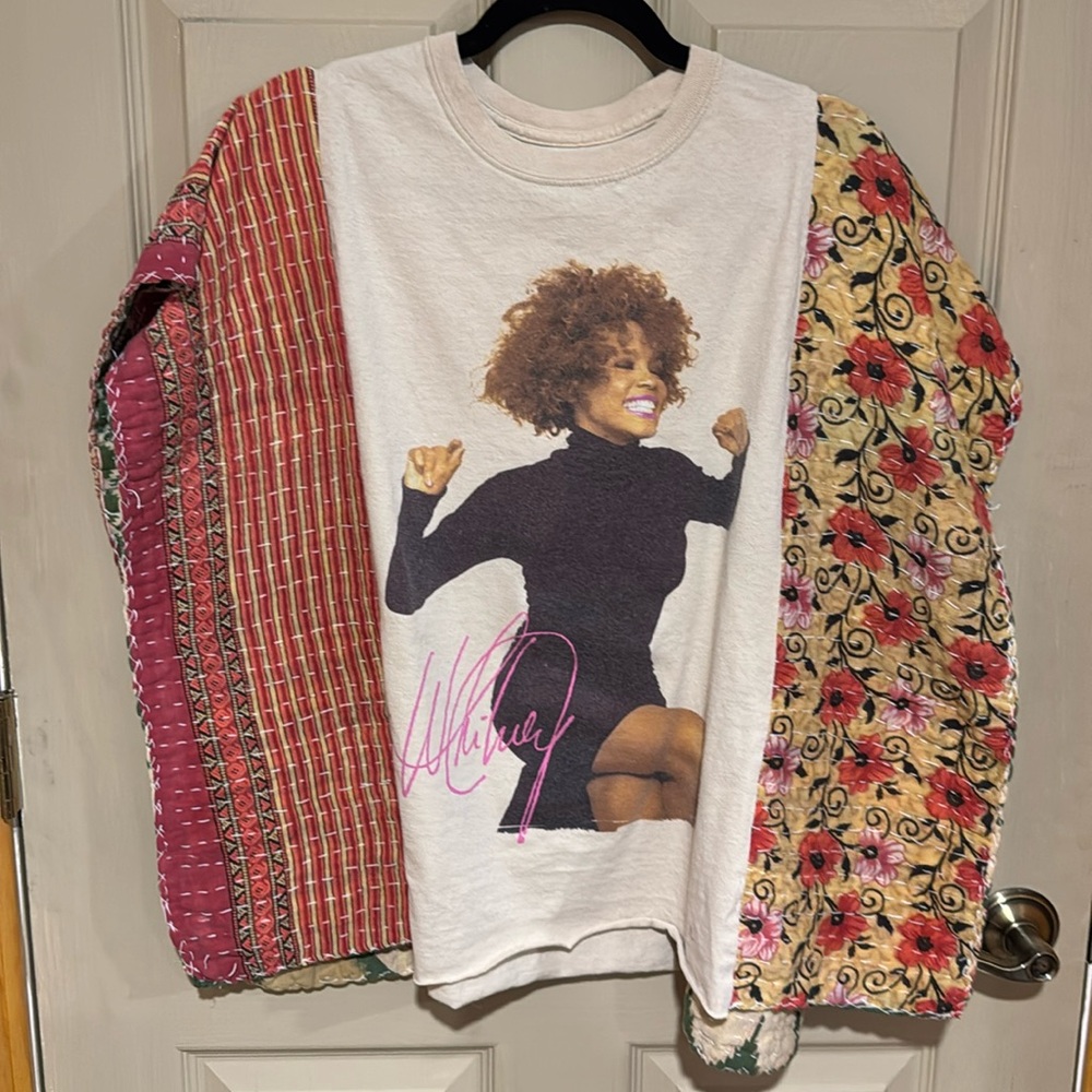 Whitney Houston Graphic T-Shirt with Multicolor Sleeves